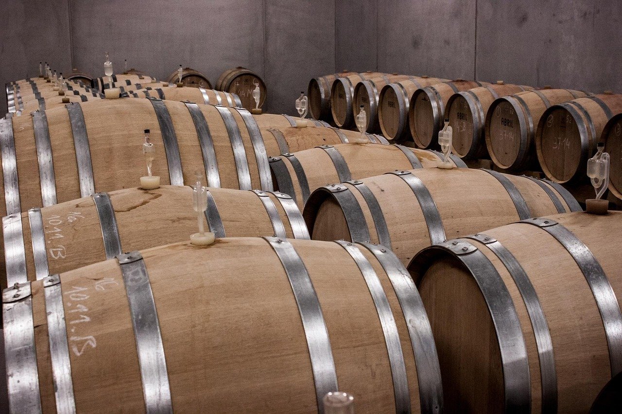 Wine barrels aging in the cellar at a Mendoza winery