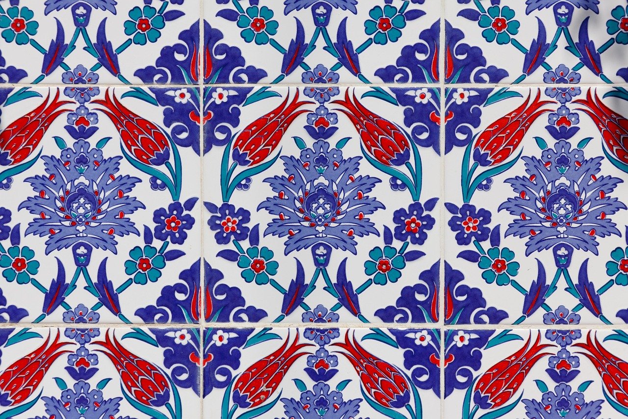 Colourful ceramic tile oriental floral pattern wall art decorative