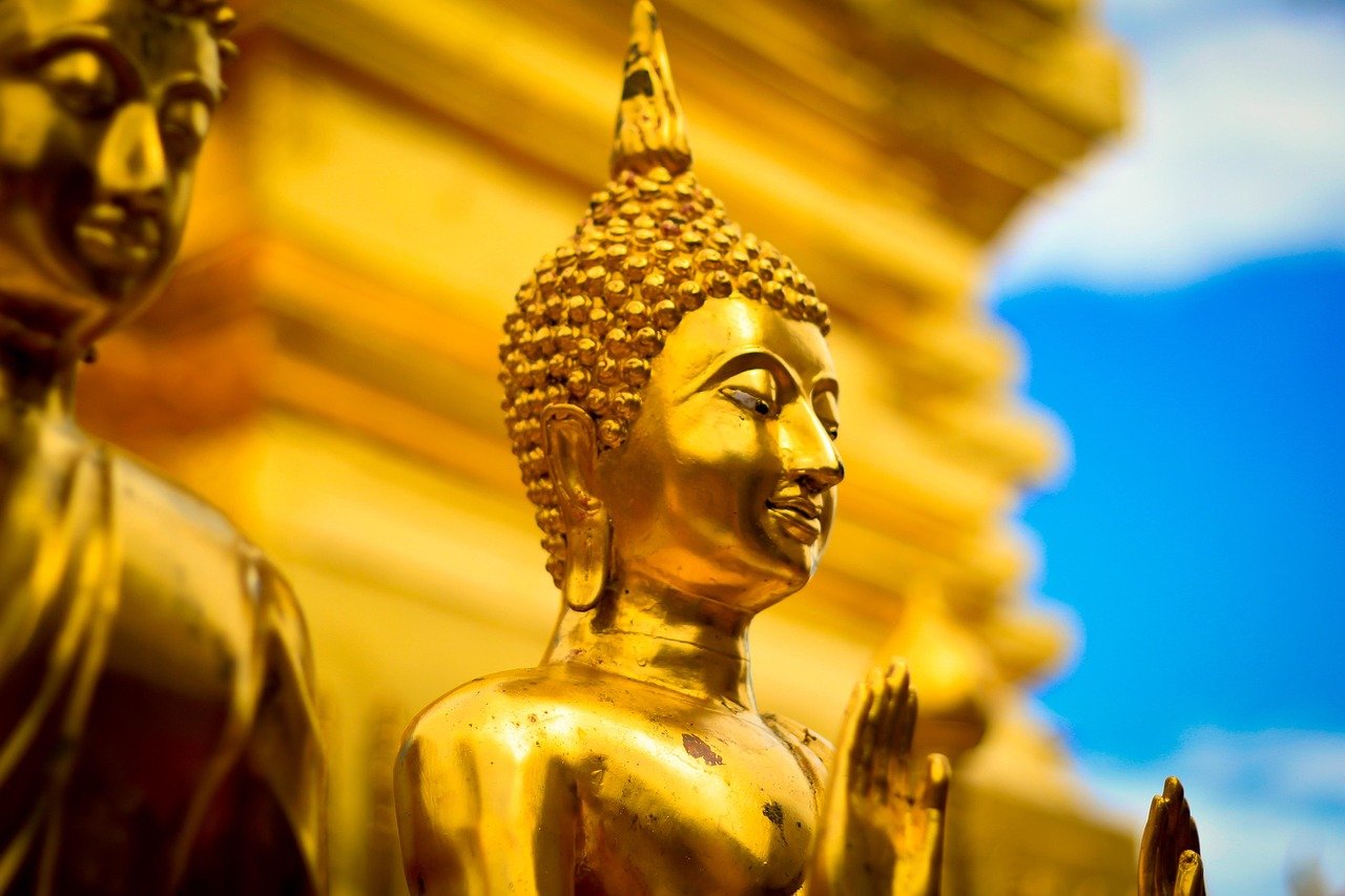 Buddha statues in ancient Thai temple ruins at Ayutthaya historical park