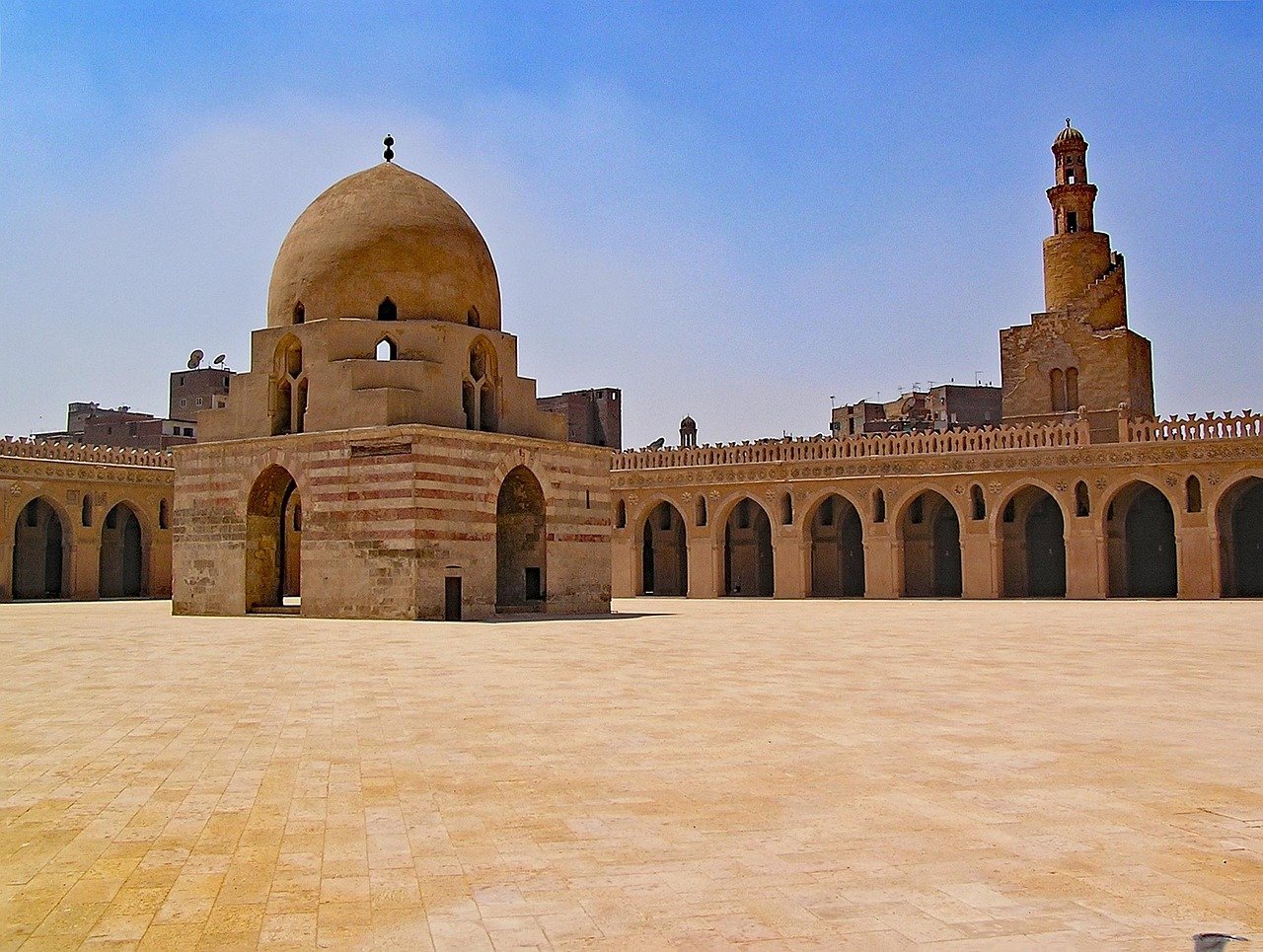 Ibn Tulun Mosque spiral minaret panoramic view Cairo