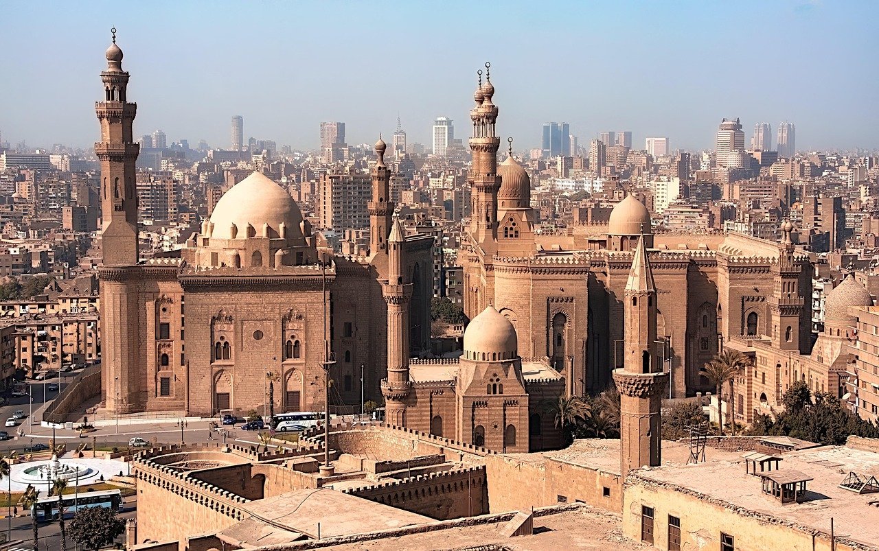 Cairo ancient city skyline with minarets and historic buildings