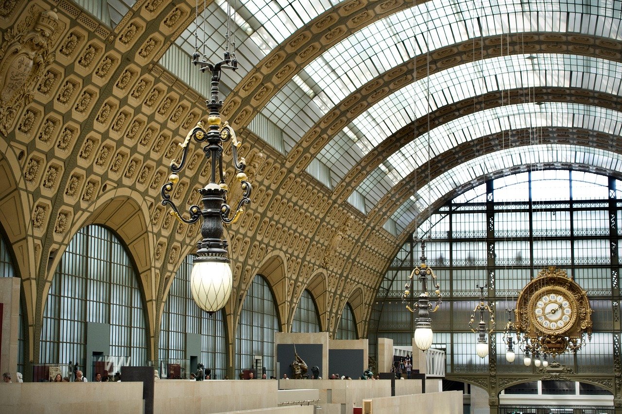 Grand ornate cafe interior with vaulted ceiling