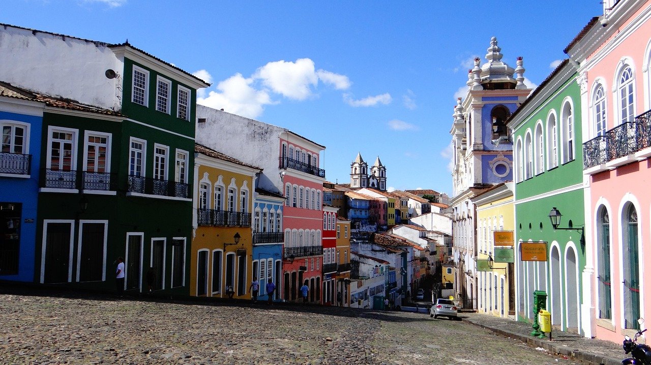 colorful colonial buildings Pelourinho Salvador Bahia street scene