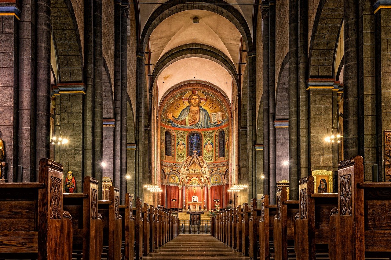 Church nave interior aisle ancient Christian architecture columns