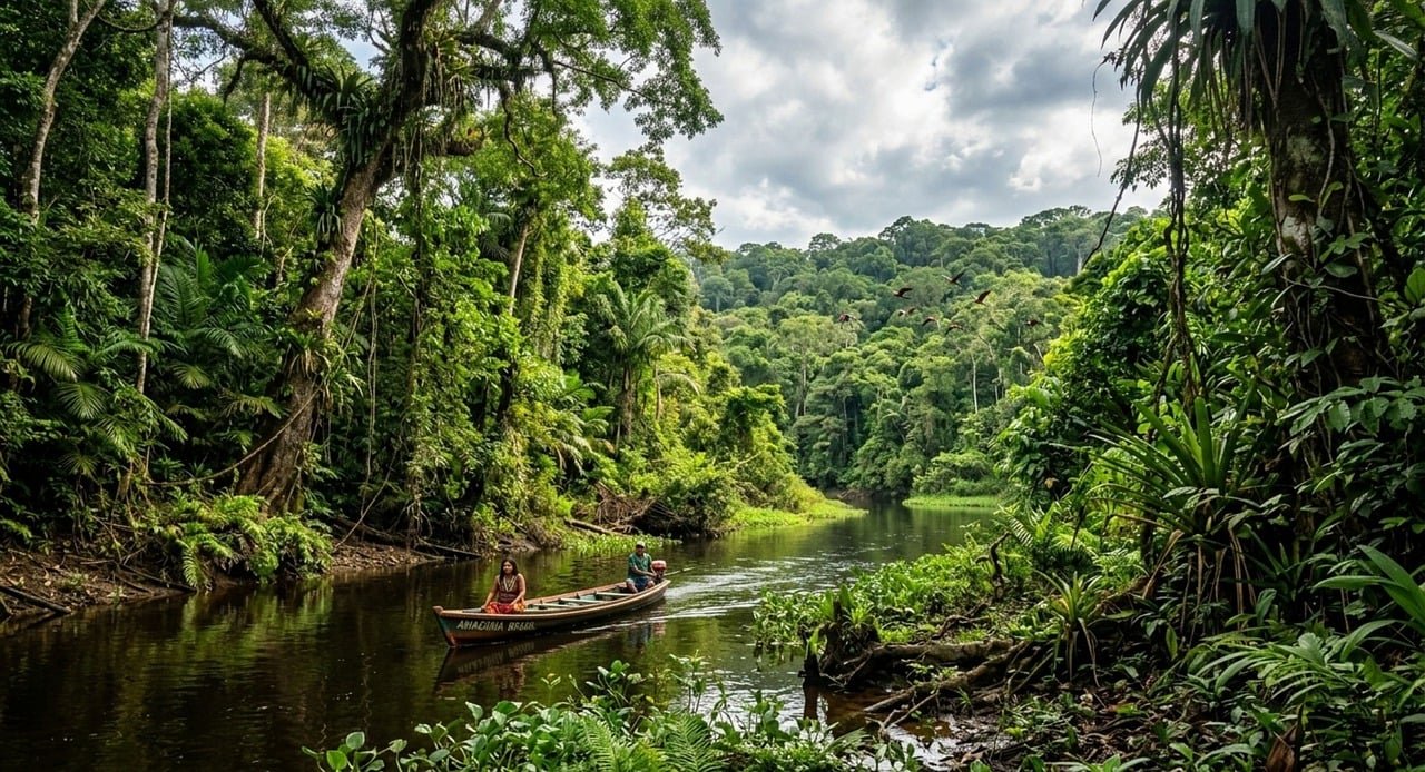Amazon river boat journey tropical rainforest