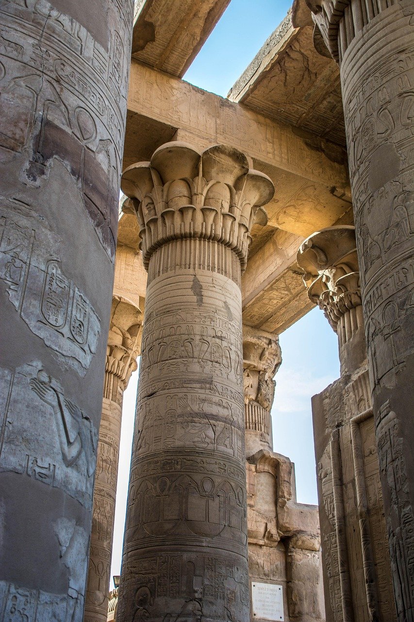 Ancient Egyptian temple facade stone carved architectural detail