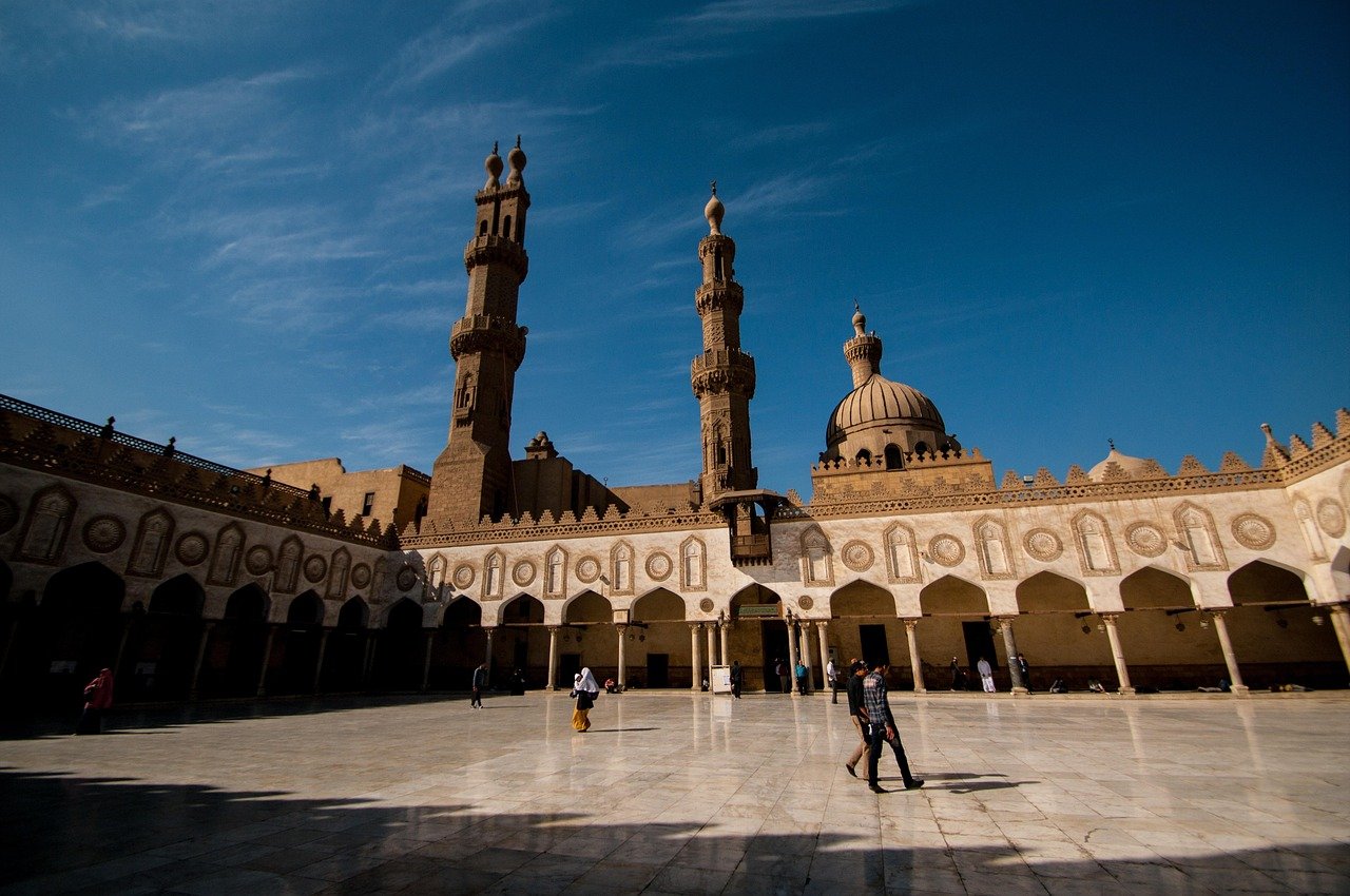 Al-Azhar University and Mosque exterior Cairo Egypt with minarets