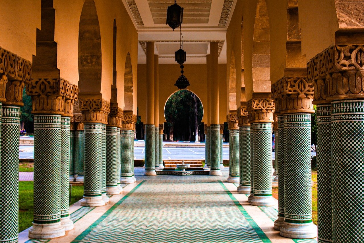 Mosque interior with marble columns and Islamic architecture