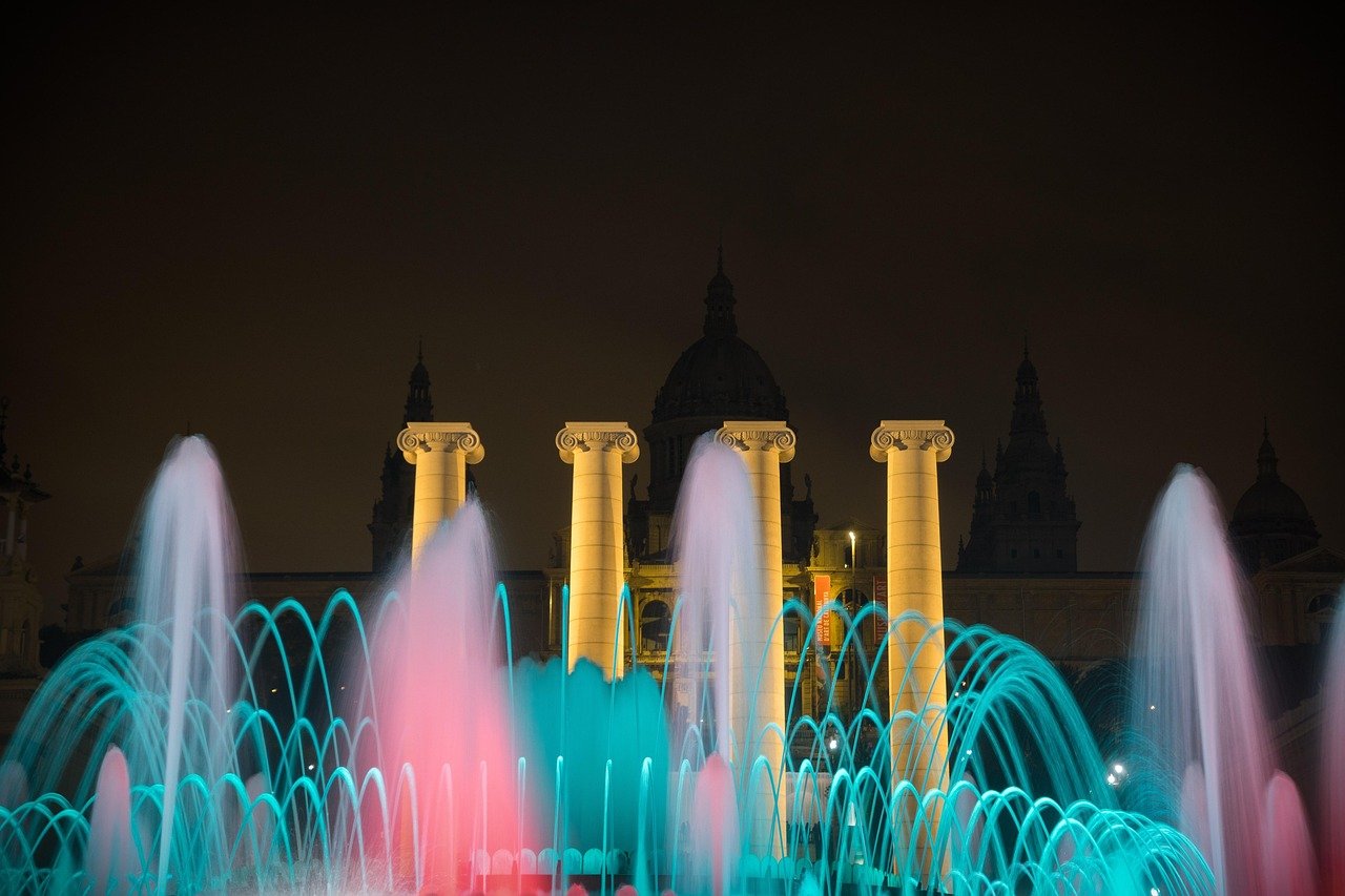 Magic Fountain Font Magica Montjuic Barcelona colourful light and water show at night