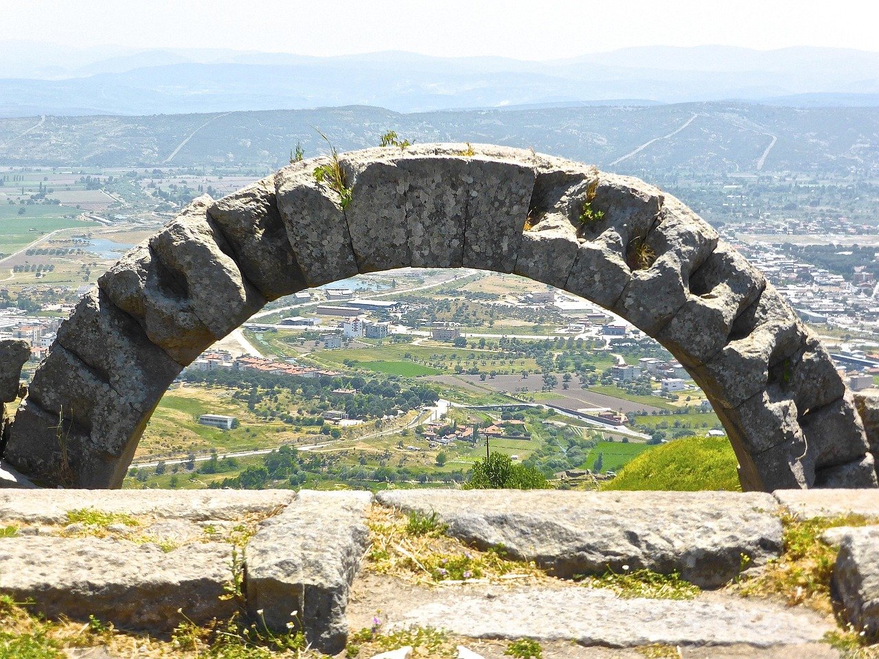 Aegean Turkish landscape with hills and ancient ruins