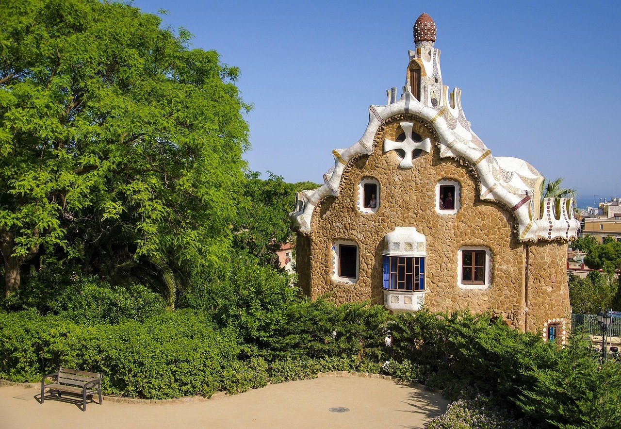 Colourful mosaic tiles and ceramic decoration in Park Güell Barcelona