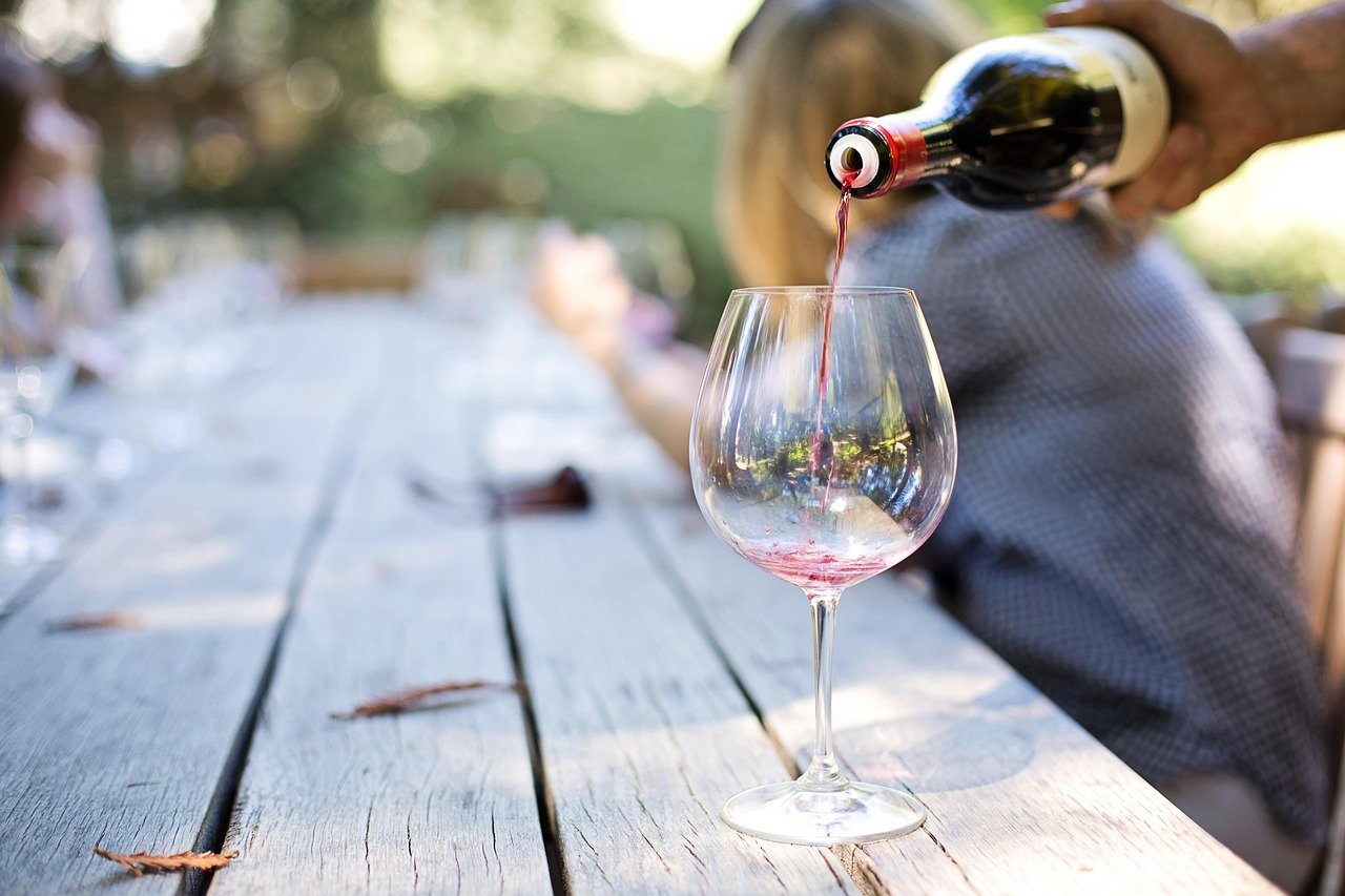 Guided wine tasting with red wine glass at outdoor vineyard table