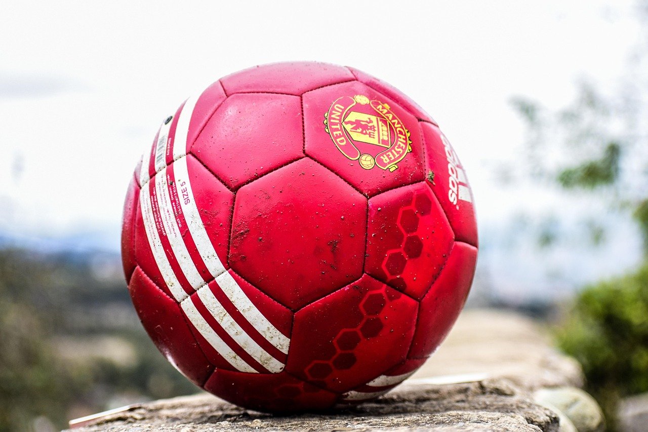 Red soccer ball on a football pitch Argentina