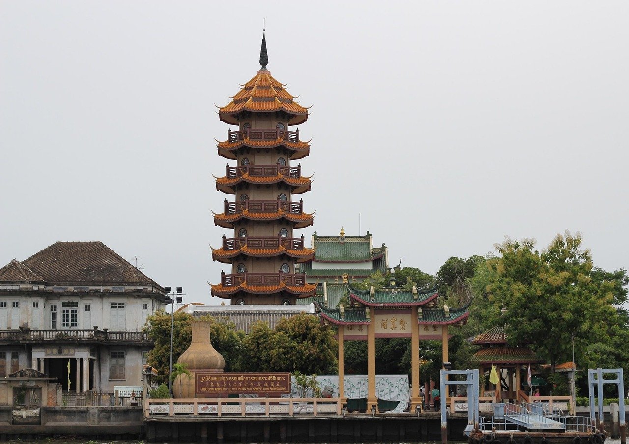 Thai temple garden with lotus pond and traditional architecture