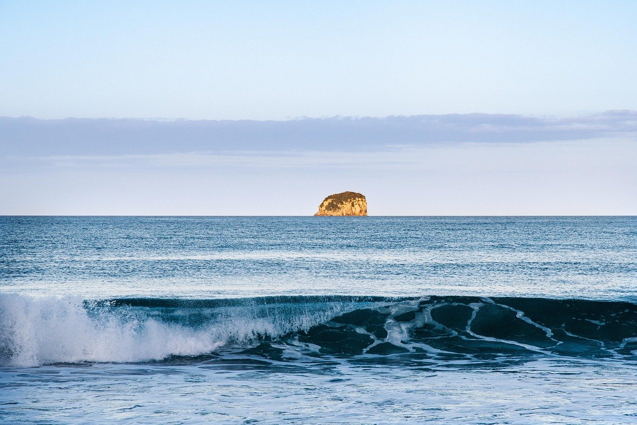 Piha Beach black volcanic sand with Lion Rock and surf waves New Zealand
